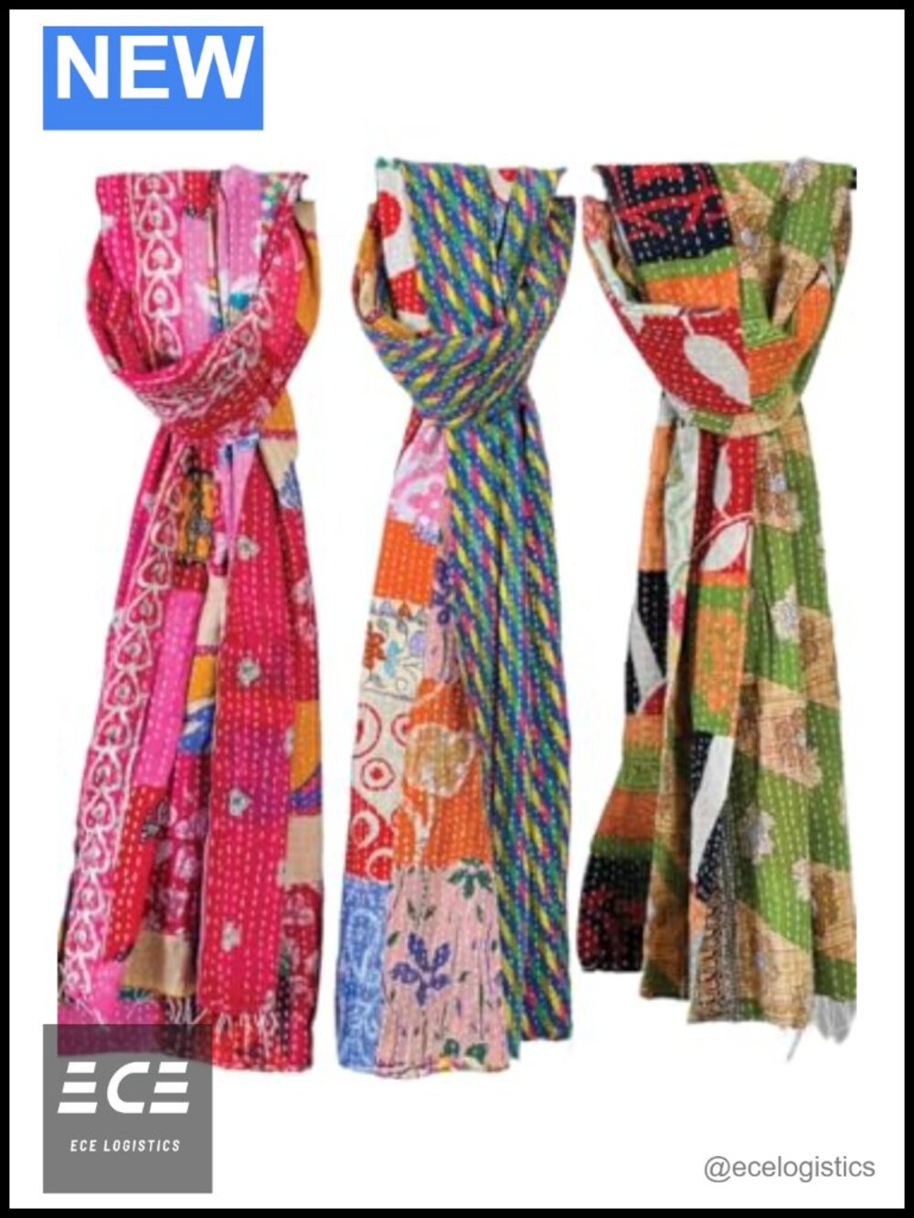Set of 5 Handmade Cotton Kantha Scarves Reversible Patchwork